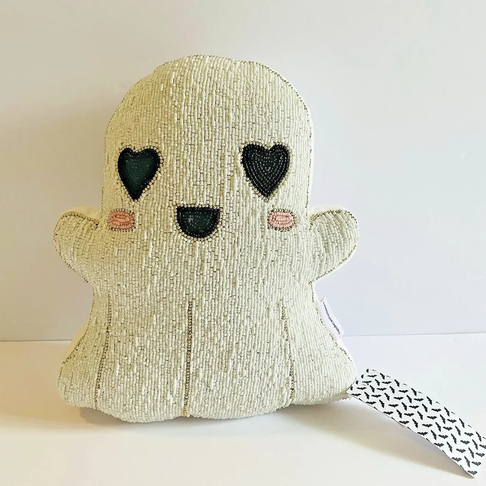 Cupcakes and Cashmere Beaded Ghost Halloween Pillow‎ Heart Eyes